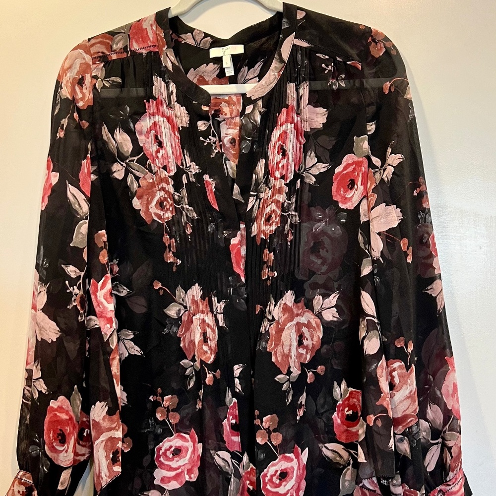 Joie Black Rose Floral Print Silk Blouse Size S